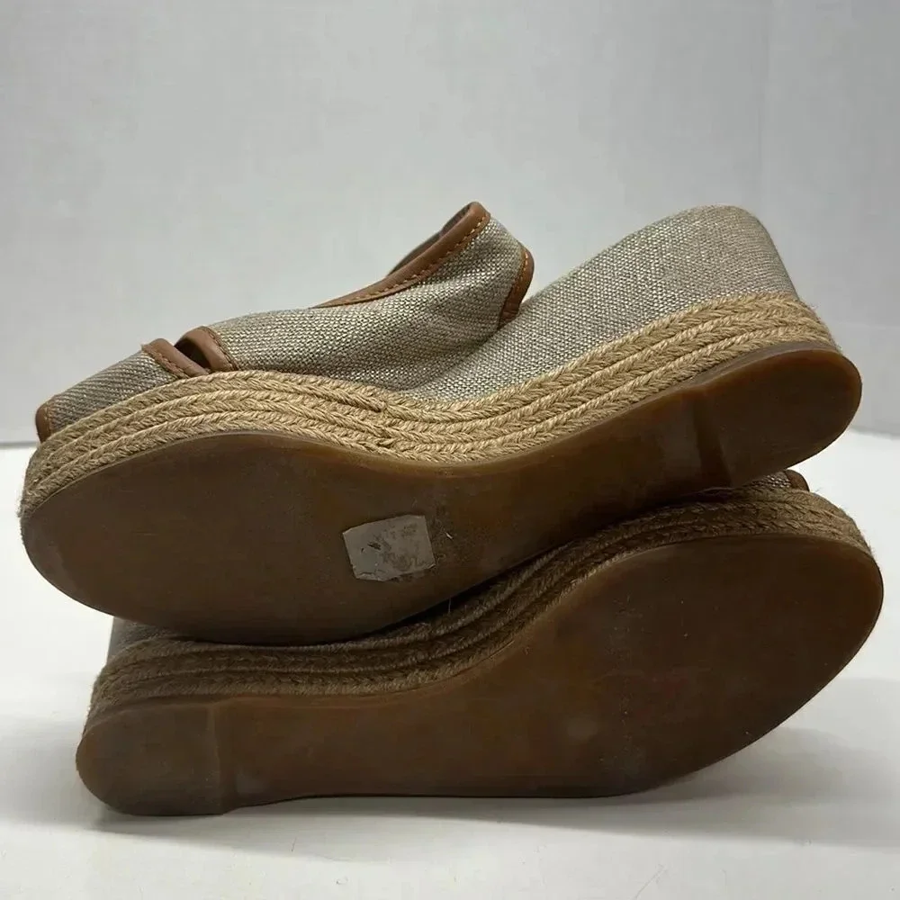Tory Burch Mya Espadrille Wedge Heels Pump Peep Toe Slingback Brown Sparkle 7